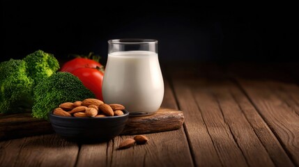 A rustic wooden table displays a glass of milk, almonds in a bowl, and broccoli nearby under warm, soft light