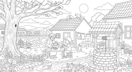 Fototapeta premium Happy Grandfather and Child Eating Outdoor Meal in Idyllic Village Garden. Rustic Family Line Art