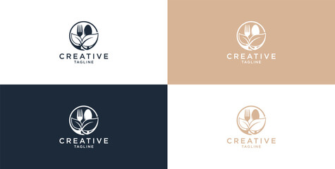 Naklejka premium Healthy food logo template. Organic food vector design. Fork, spoon, and leaf logo.