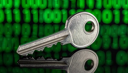 Macro photography of a silver key with green binary code numbers reflected in the background. Symbol of data encryption, password access, unlocking digital information, and software security.
