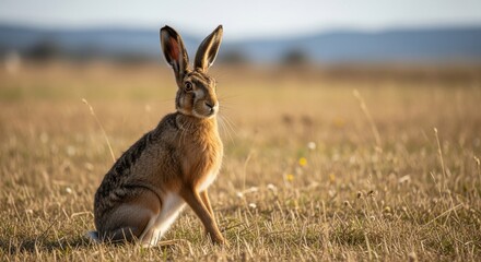 Alert European Hare Sitting in a Field of Dry Grass.