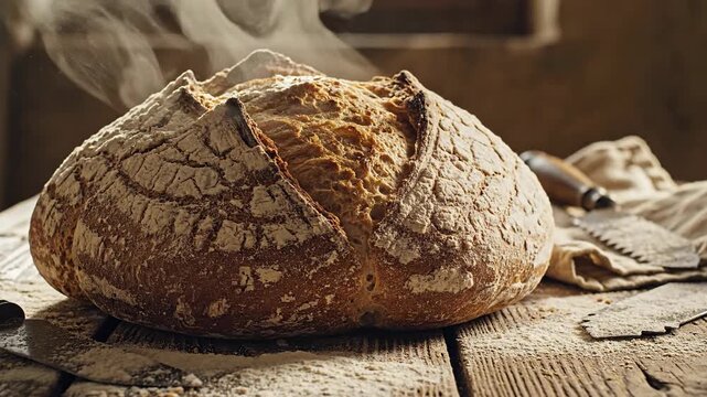 Freshly baked bread loaf on a wooden table with steam