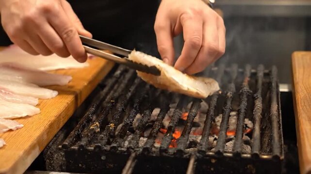 Chef using tongs to flip fish filet on a smoking grill. Additional filets on a wooden board