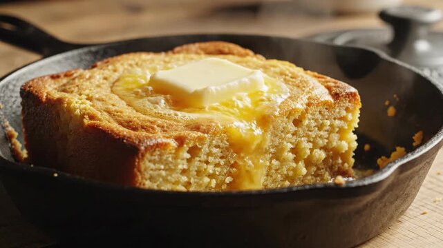 Freshly baked cornbread with melted butter in cast iron skillet