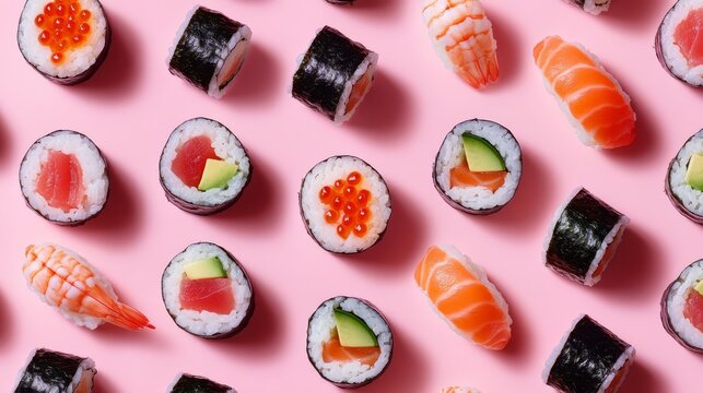 Playful kawaii-style sushi assortment against blush pink backdrop, featuring perfectly formed rolls with visible layers of white rice, pink salmon, red tuna, green avocado and black seaweed, tiger