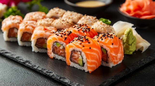 Elegant composition of freshly-made salmon sushi varieties on minimalist black stone plate, featuring vibrant orange-pink salmon nigiri, inside-out rolls with sesame seeds, traditional maki with