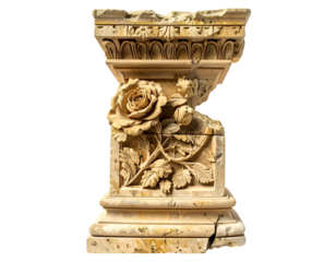 Ornate, aged stone pedestal with rose carving, against black