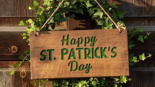 Rustic wooden Happy St. Patrick's Day sign hanging on door with green ivy wreath