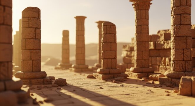 Ancient desert ruins with crumbling stone columns and walls under a warm, hazy sky.