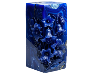 A carved blue floral sculpture with flowing, iridescent pattern