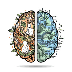Human Brain Contrasting Nature and Technology. © Fahri