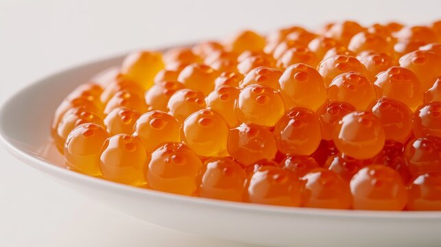 Premium red pollack roe precisely arranged on pristine white porcelain plate, 8K macro photography revealing perfect spherical texture of each individual egg, gourmet food styling with gentle rim