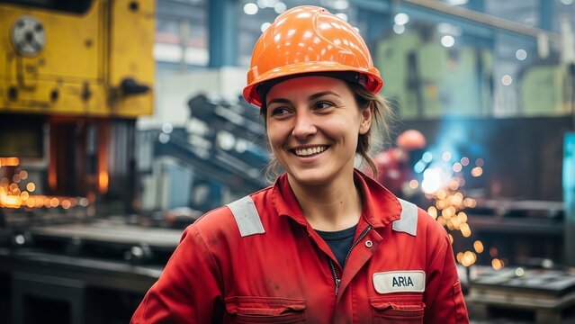 Female worker wearing red uniform and orange safety helmet at industrial site