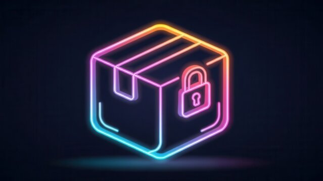 Vibrant neon protected package delivery icon illuminating secure logistics and digital commerce