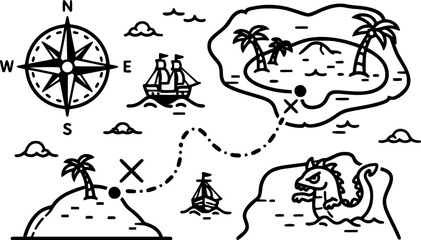 Adventure treasure map vector black silhouette print design
