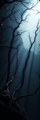 Spire-like branches claw skyward, sculpted by unseen forces, their skeletal forms a stark contrast to the velvety abyss below,  dramatic shadows,  textured
