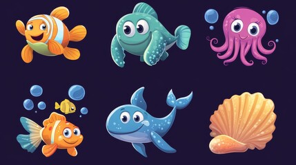 Obraz premium Adorable rounded cartoon underwater animal icons with big expressive eyes, featuring orange and yellow striped clownfish with oversized fins, smiling green sea turtle with patterned shell, purple
