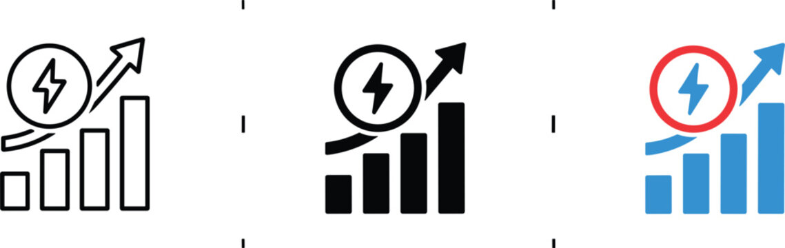 Rising energy cost icon set with lightning bolt symbol and upward bar chart for electricity price inflation analysis.