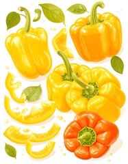 Vibrant yellow and orange bell peppers with leaves