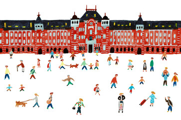 手描き水彩イラスト　東京駅で行き交う人々