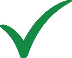 Green checkmark symbol in simple flat design with bold lines and bright green color on white background for approval and confirmation icons