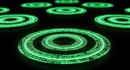 A futuristic digital display with glowing green concentric circles on a dark background