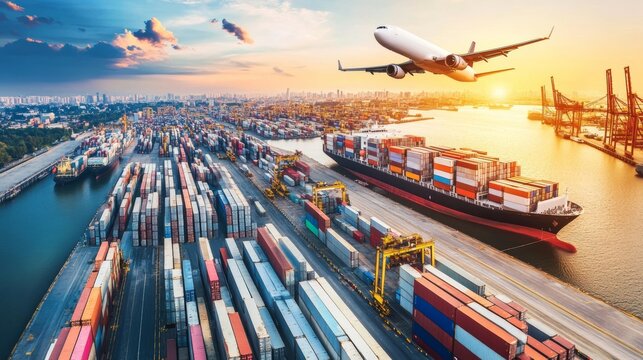 Cargo plane flies over shipping containers at an international port during sunset hours