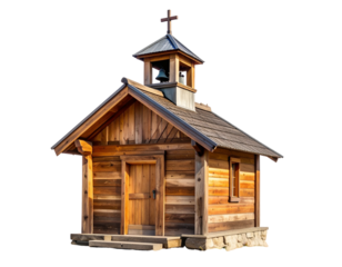 Small wooden church with a cross, bell tower, and a rustic style