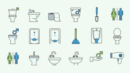 Bathroom Icons Collection Toilet Sink Faucet Hairdryer.