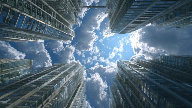 Low-angle view of skyscrapers reaching skyward against a backdrop of clouds and blue sky
