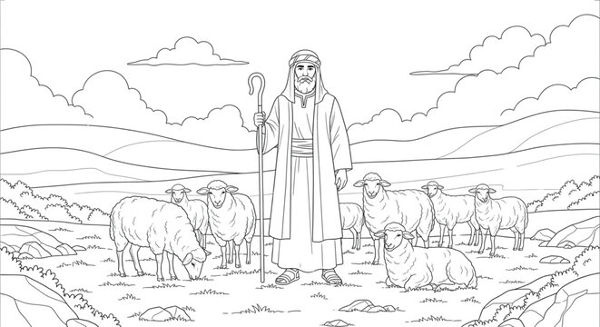 Protective Biblical Shepherd with Staff and Sheep Grazing in Peaceful Landscape Line Art for Kids Coloring Page
