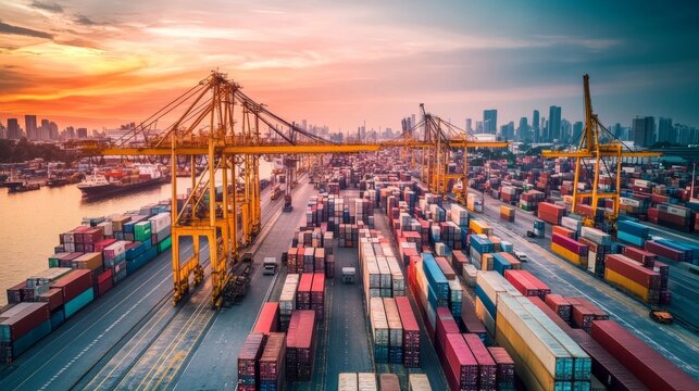 Global supply chain disruptions cause major delays in transport and logistics operations during sunset in busy port city
