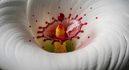 A single crimson drop poised to land on a vibrant yellow stamen, amidst a delicate white petal