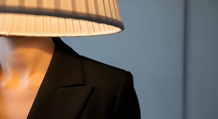 A person's neck and shoulder, adorned in a dark blazer, are partially obscured by the soft light