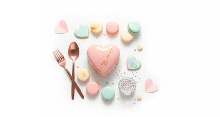 Pastel Valentine's Day Desserts Flatlay with Heart Cake and Macarons