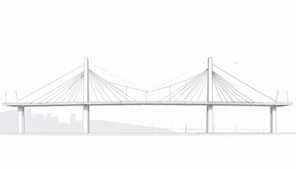Fototapeta premium A minimalist line drawing of a cable-stayed bridge with two towers and a flat deck, set against a white background with faint city skyline.