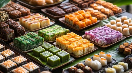 Fototapeta premium Detailed studio shot of expansive Indonesian kue basah collection arranged by color gradient on traditional tampah with fresh banana leaf base, showcasing intricate patterns of steamed and fried