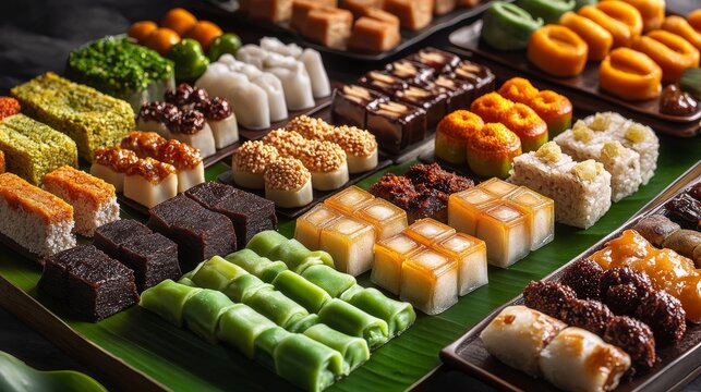 Detailed studio shot of expansive Indonesian kue basah collection arranged by color gradient on traditional tampah with fresh banana leaf base, showcasing intricate patterns of steamed and fried