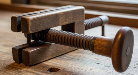 Antique wooden clamp on a wooden surface, close-up.