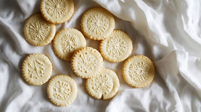Artfully arranged butter cookies with decorative sugar patterns, some intact and others bitten with clear teeth marks, scattered on immaculate white linen cloth with delicate crumb details visible,