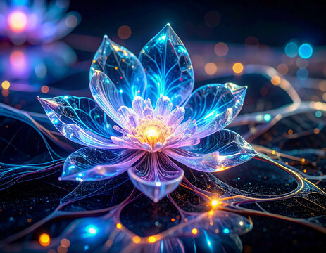 Intricate glass lotus flower with subtle bokeh and tranquil light trails