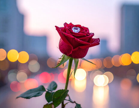 Luminous red rose with heart-shaped diamond and bokeh background, Valentine's Day proposal concept design