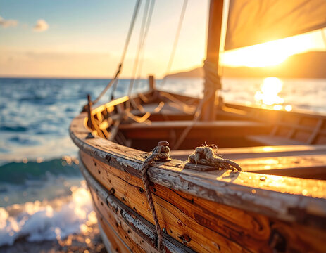 Close-up of a weathered wooden sailboat facing the ocean under golden sunset, nautical traveler concept design 