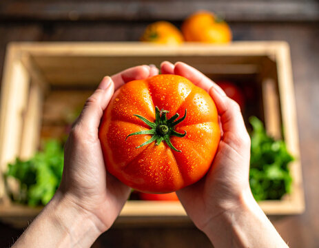 Luscious ripe tomato, glistening with water droplets, held with care