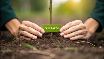 One earth new world order slogan in hand soil with young tree planting hope green future together