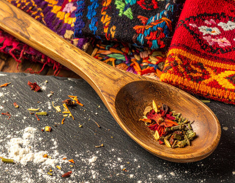 Aromatic spice blend in a rustic wooden spoon and a textured woven blanket, local flavor concept design