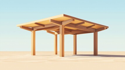Modern Wooden Pavilion in Desert Landscape with Clear Sky Background