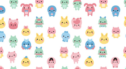 Obraz premium Cute Kawaii Characters Seamless Pattern