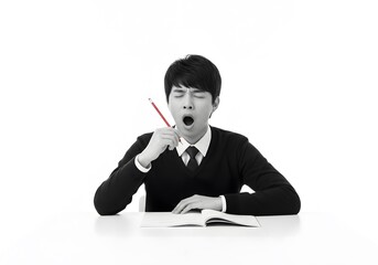 Exhausted Student Yawning Widely at Desk with Book, Monochrome Photo with Red Pencil Accent.