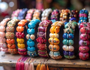 Vibrant beaded bracelets displayed on a wooden surface